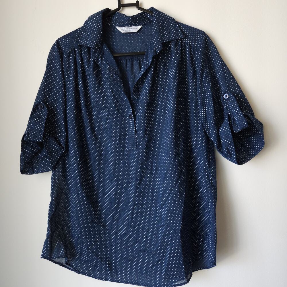 Vintage Polka Dot Blouse Shirt Miss Fashionality Blue Lightweight Made In USA